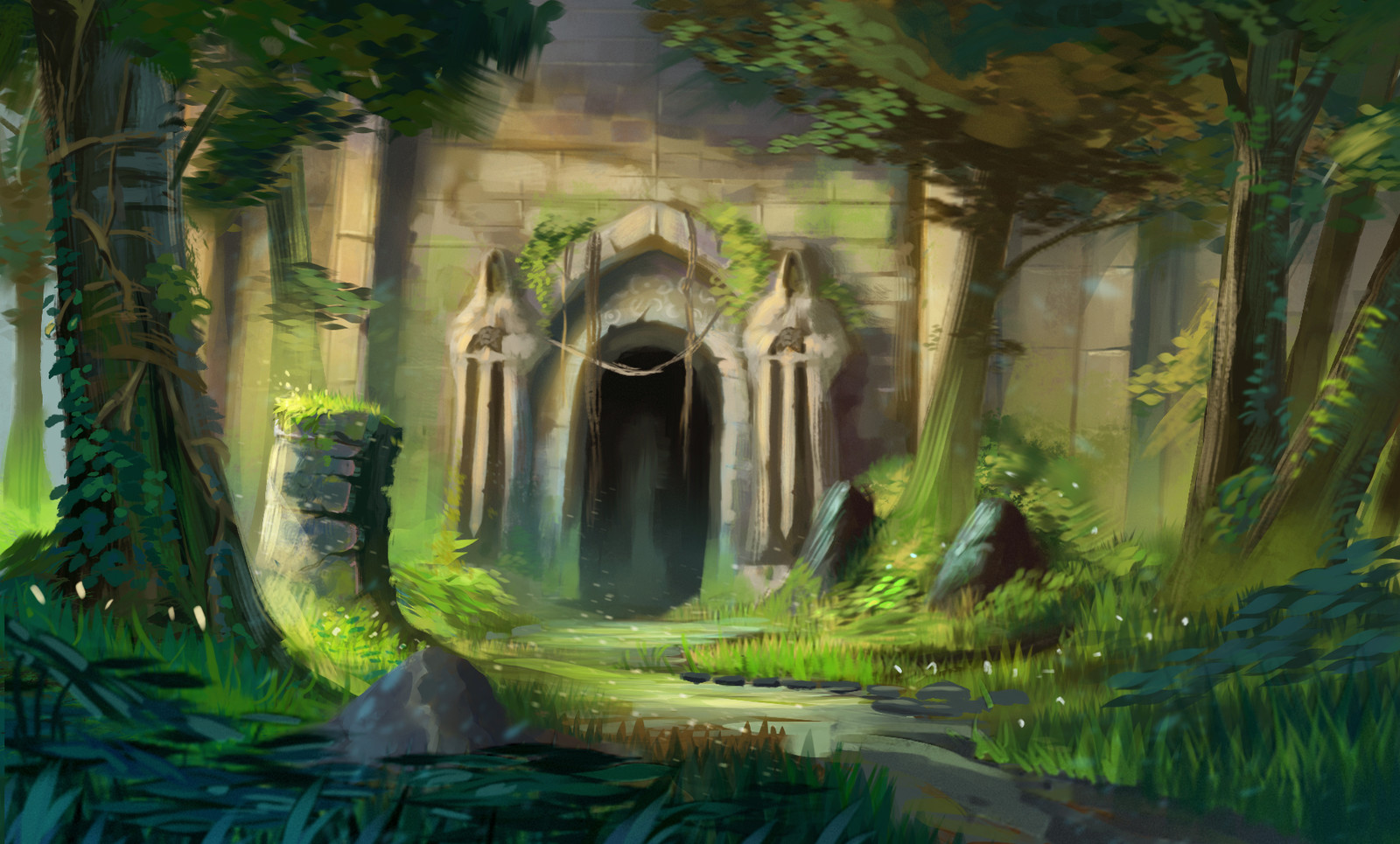 An overgrown stone structure in a dreamlike forest. Two statues stand sentinel near the doorway of the structure. Past the doors lay an unknown shadowy chamber.